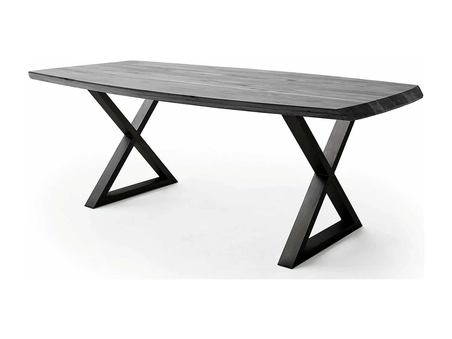Table de salle à manger rectangulaire en bois d'acacia coloris gris, pieds croisés en métal peint anthracite - longueur 220 x hauteur 77 x profondeur 100 cm