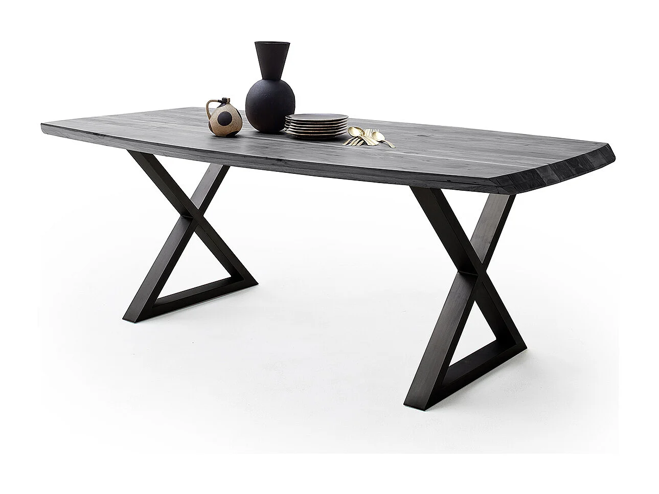 Table de salle à manger rectangulaire en bois d'acacia coloris gris, pieds croisés en métal peint anthracite - longueur 220 x hauteur 77 x profondeur 100 cm