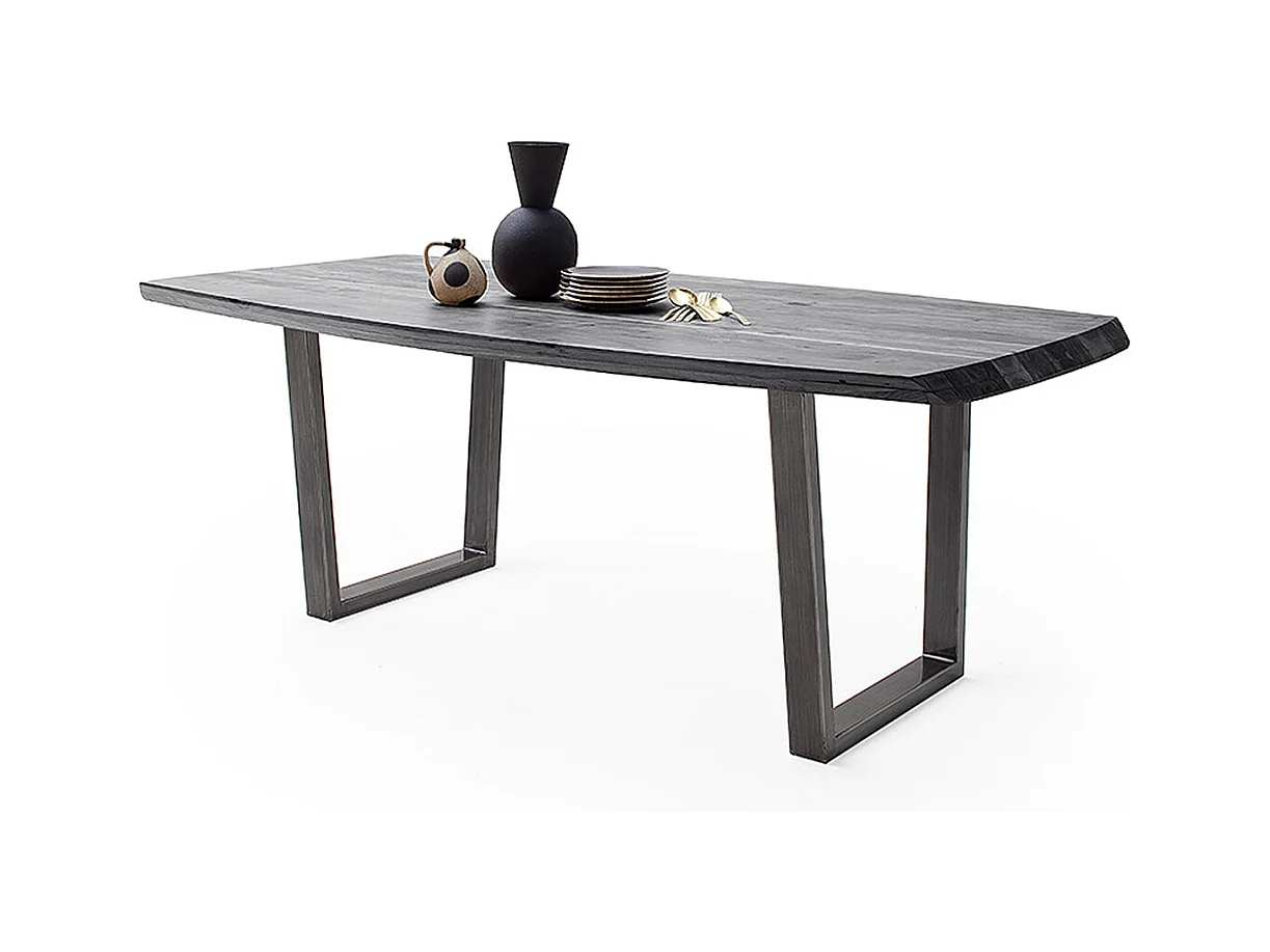 Table de salle à manger rectangulaire en bois d'acacia coloris gris, pieds en métal peint coloris anthracite - longueur 180 x hauteur 77 x profondeur 100 cm