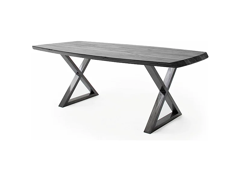 Table de salle à manger rectangulaire en bois d'acacia coloris gris, pieds croisés en métal anthracite antique - longueur 200 x hauteur 77 x profondeur 100 cm