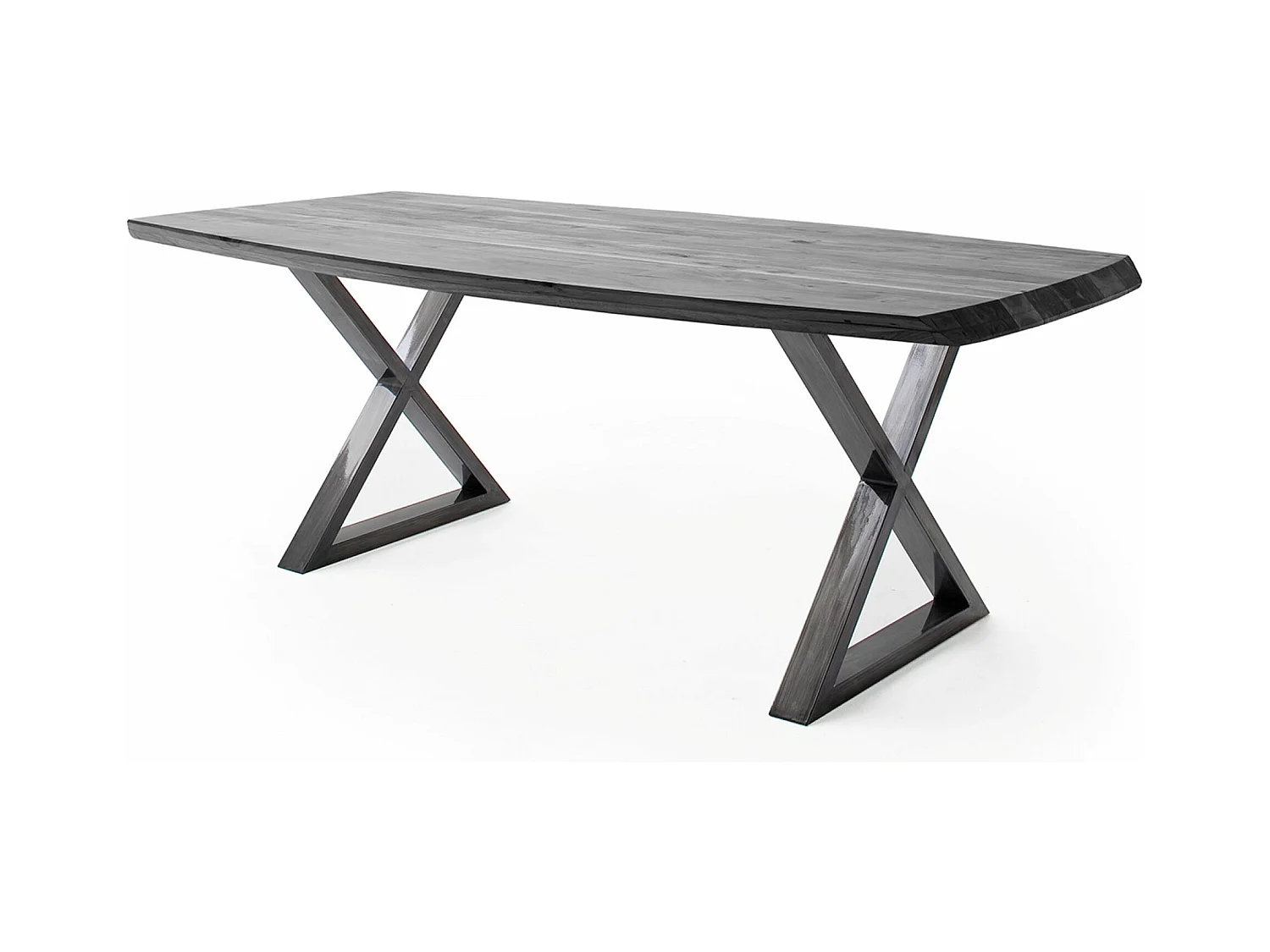 Table de salle à manger rectangulaire en bois d'acacia coloris gris, pieds croisés en métal anthracite antique - longueur 200 x hauteur 77 x profondeur 100 cm