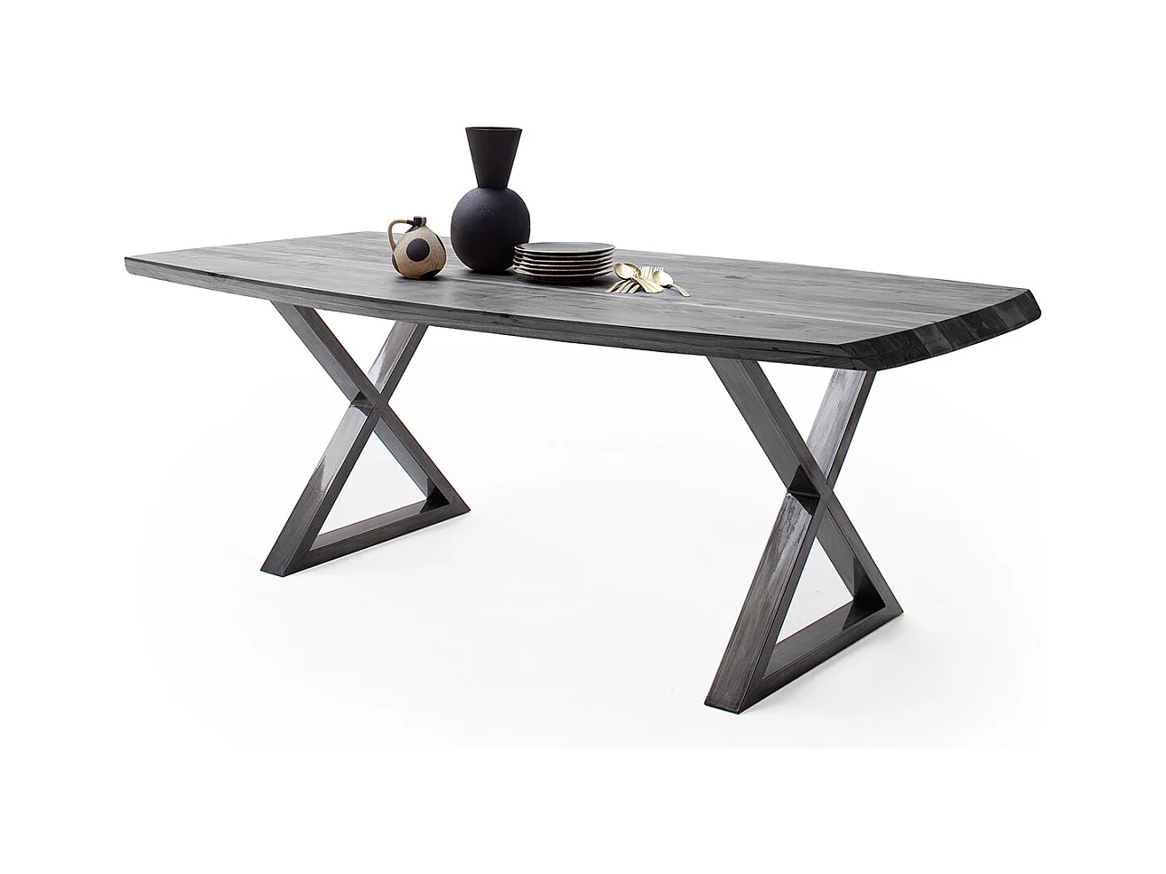 Table de salle à manger rectangulaire en bois d'acacia coloris gris, pieds croisés en métal anthracite antique - longueur 200 x hauteur 77 x profondeur 100 cm