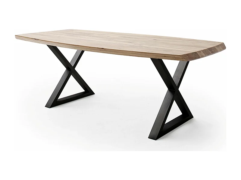 Table de salle à manger rectangulaire en bois d'acacia coloris naturel, pieds croisés en métal peint anthracite - longueur 220 x hauteur 77 x profondeur 100 cm