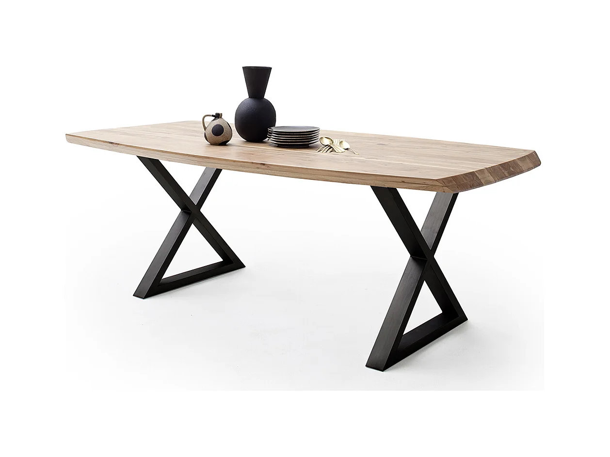 Table de salle à manger rectangulaire en bois d'acacia coloris naturel, pieds croisés en métal peint anthracite - longueur 220 x hauteur 77 x profondeur 100 cm