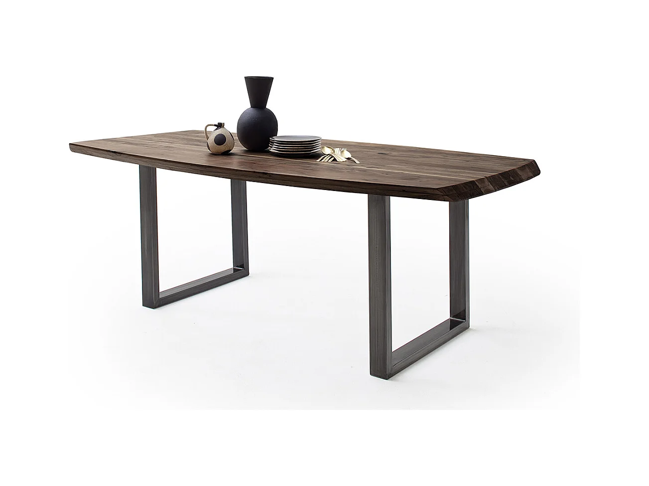 Table de salle à manger rectangulaire en bois d'acacia coloris noyer, pieds en métal anthracite antique - longueur 180 x hauteur 77 x profondeur 100 cm