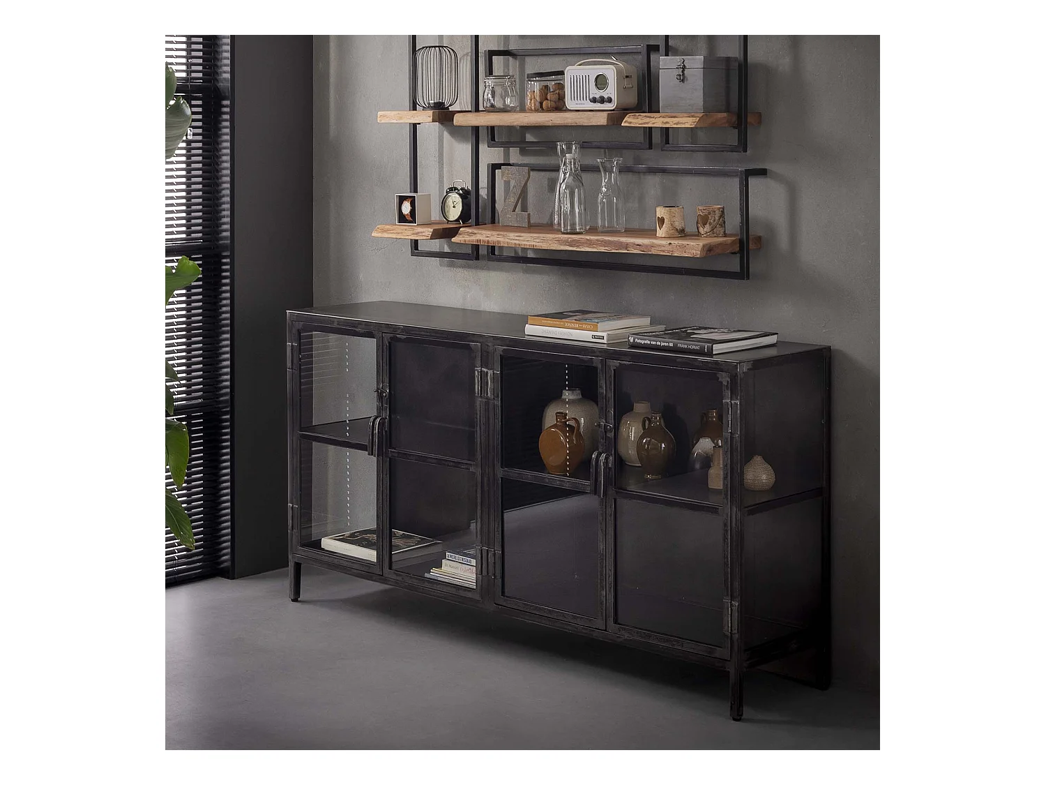 Buffet Rift - 180 cm - Métal noir - 4 portes - Noir