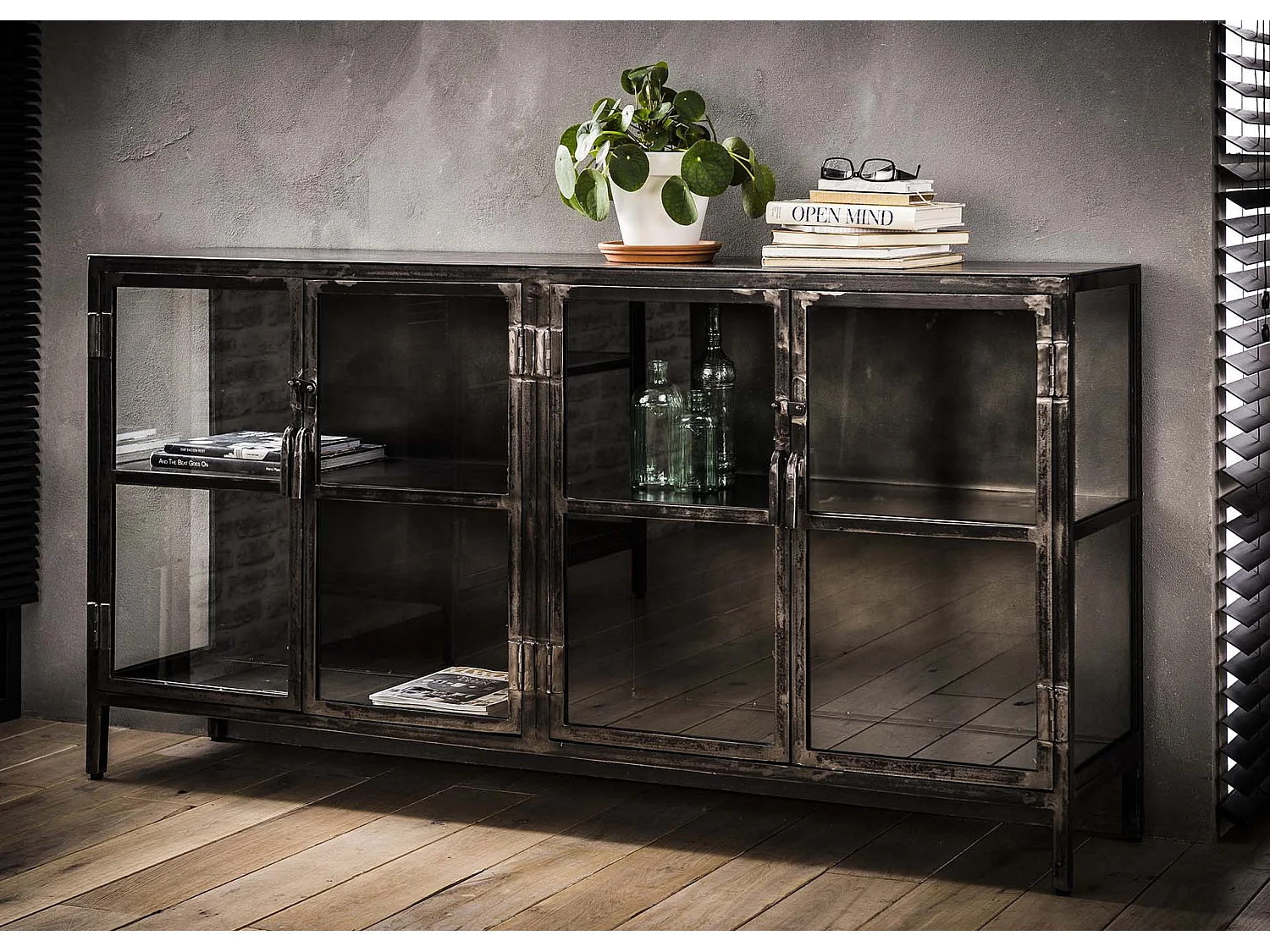 Buffet Rift - 180 cm - Métal noir - 4 portes - Noir