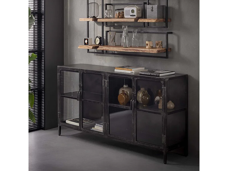 Dressoir Rift - 180cm - Zwart Metaal - 4 Deuren - Zwart