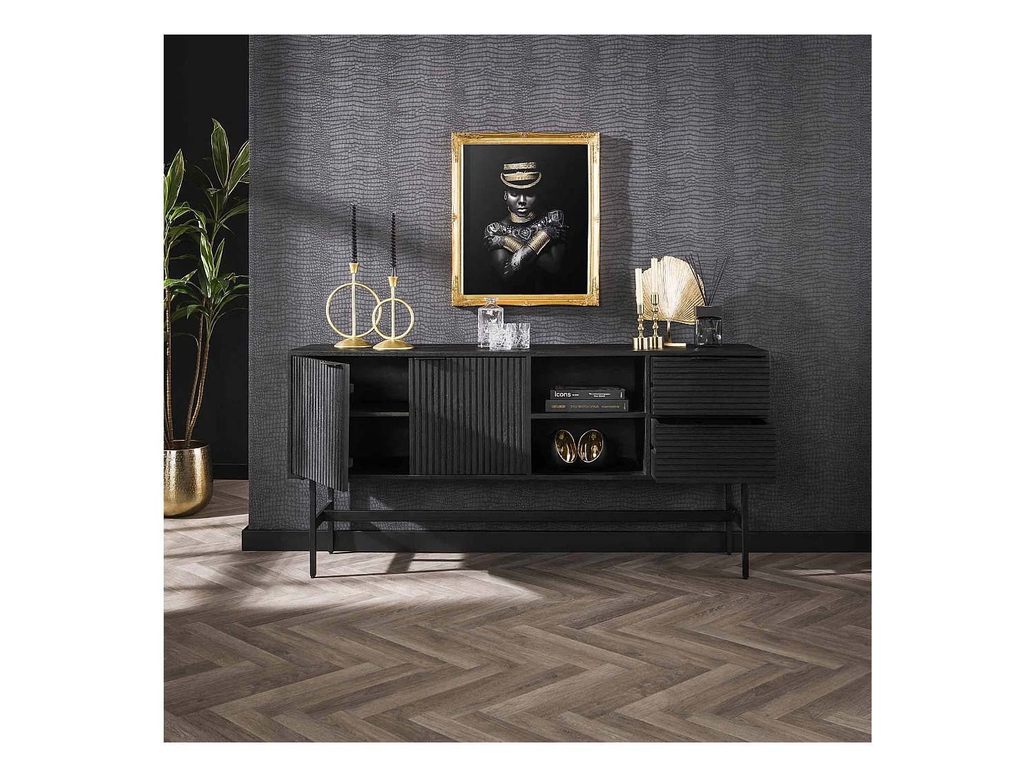 Buffet 2L Marina - 40x170x80cm - Manguier massif noir