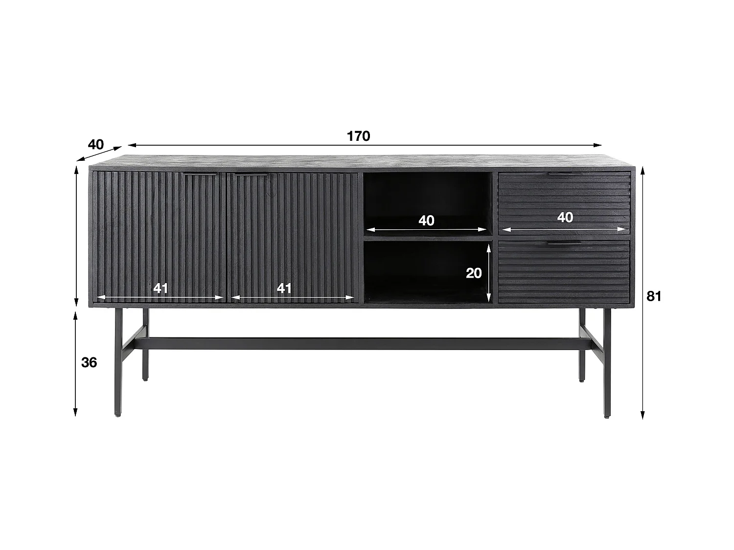 Buffet 2L Marina - 40x170x80cm - Manguier massif noir