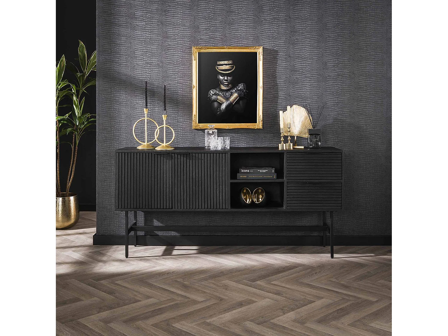 Buffet 2L Marina - 40x170x80cm - Manguier massif noir