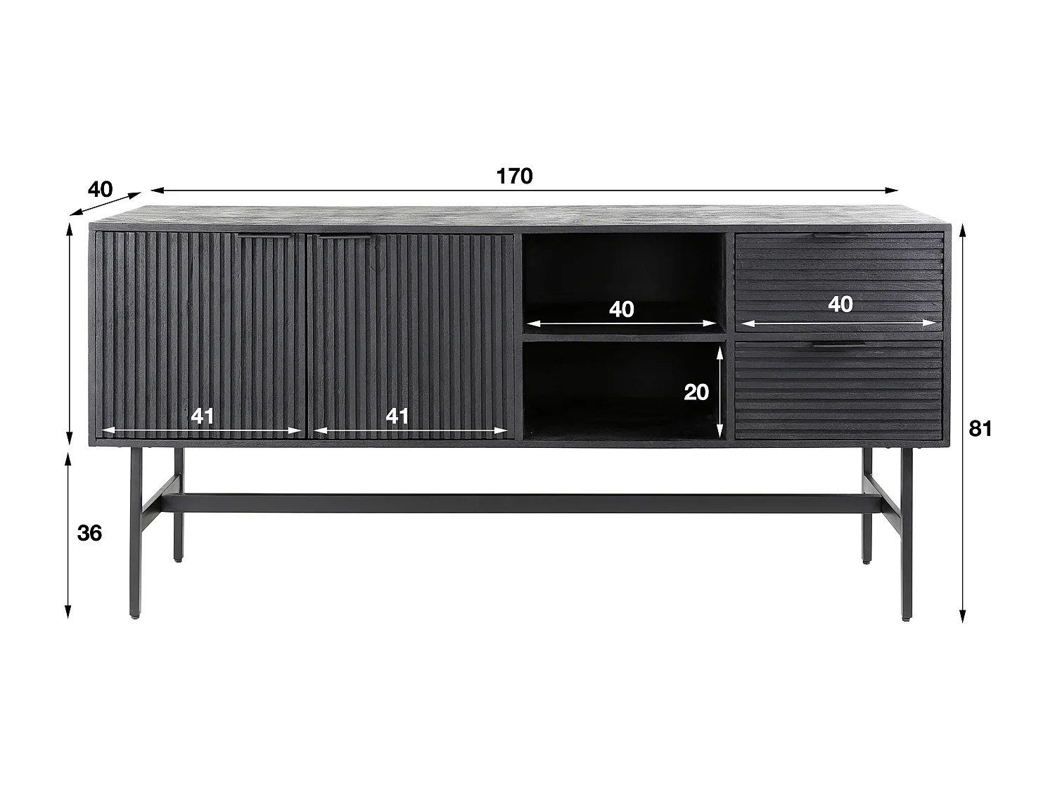Buffet 2L Marina - 40x170x80cm - Manguier massif noir