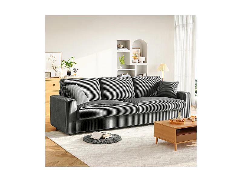 Grand canapé en velours côtelé avec 2 Oreillers - Gris - 256 x 89 x 88cm