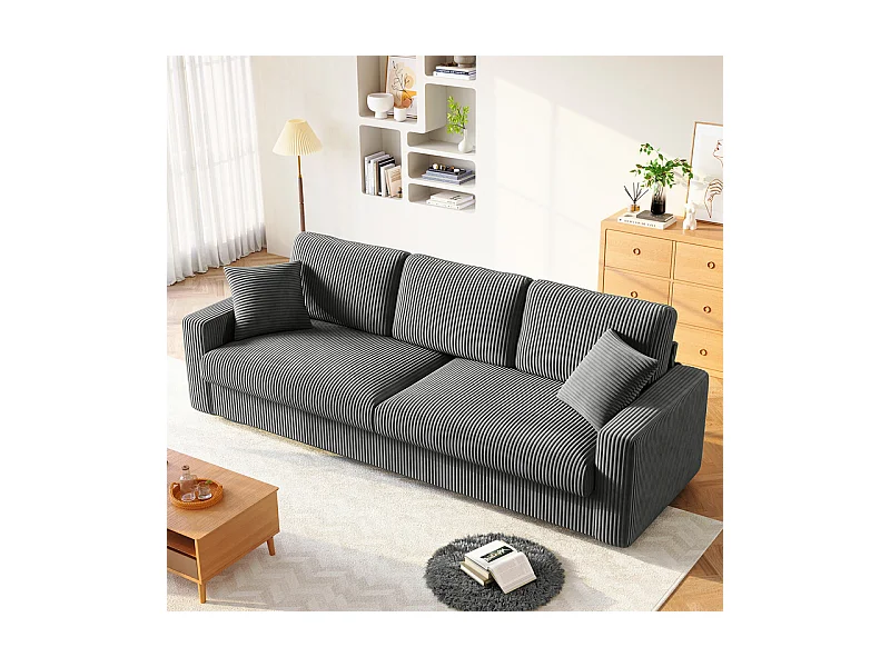 Grand canapé en velours côtelé avec 2 Oreillers - Gris - 256 x 89 x 88cm