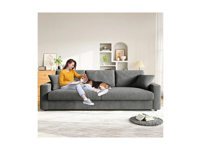 Grand canapé en velours côtelé avec 2 Oreillers - Gris - 256 x 89 x 88cm