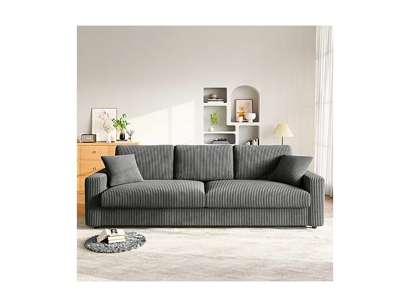 Grand canapé en velours côtelé avec 2 Oreillers - Gris - 256 x 89 x 88cm