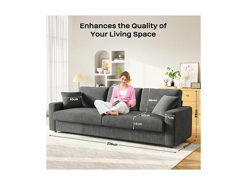 Grote bank in geribbeld fluweel met 2 kussens - Grijs - 256 x 89 x 88 cm