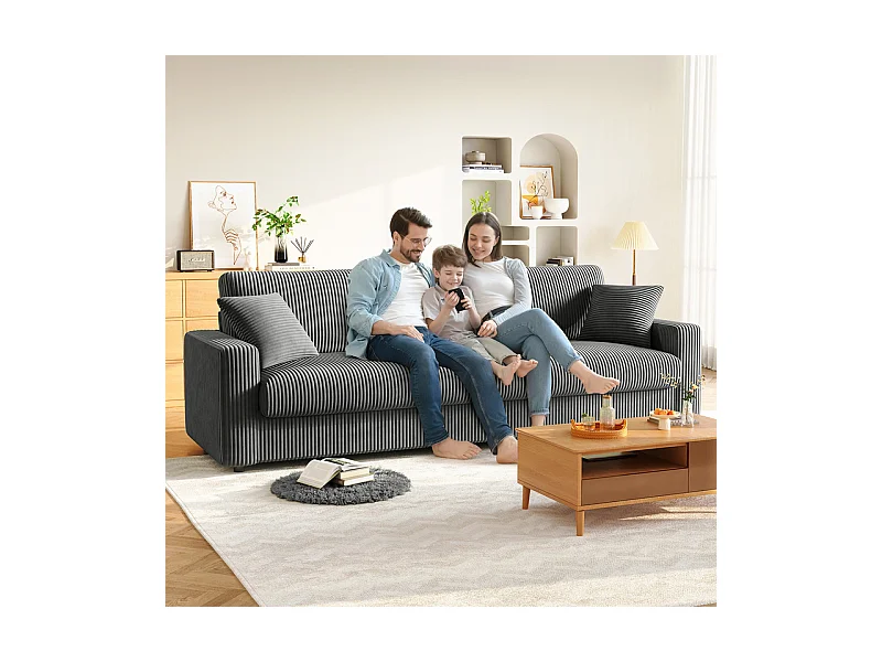 Grote bank in geribbeld fluweel met 2 kussens - Grijs - 256 x 89 x 88 cm