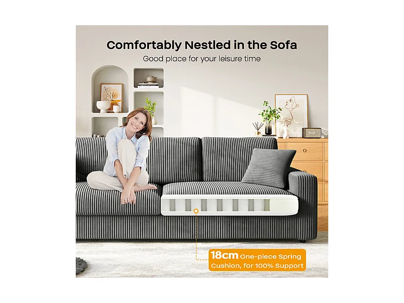 Grote bank in geribbeld fluweel met 2 kussens - Grijs - 256 x 89 x 88 cm