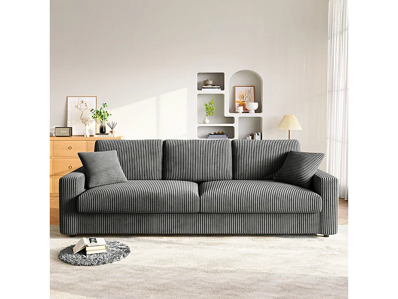 Grand canapé en velours côtelé avec 2 Oreillers - Gris - 256 x 89 x 88cm