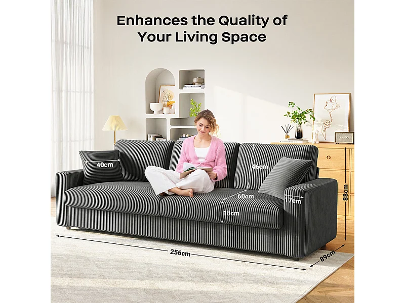 Grand canapé en velours côtelé avec 2 Oreillers - Gris - 256 x 89 x 88cm