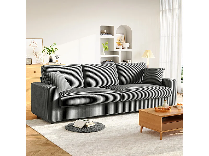 Grand canapé en velours côtelé avec 2 Oreillers - Gris - 256 x 89 x 88cm