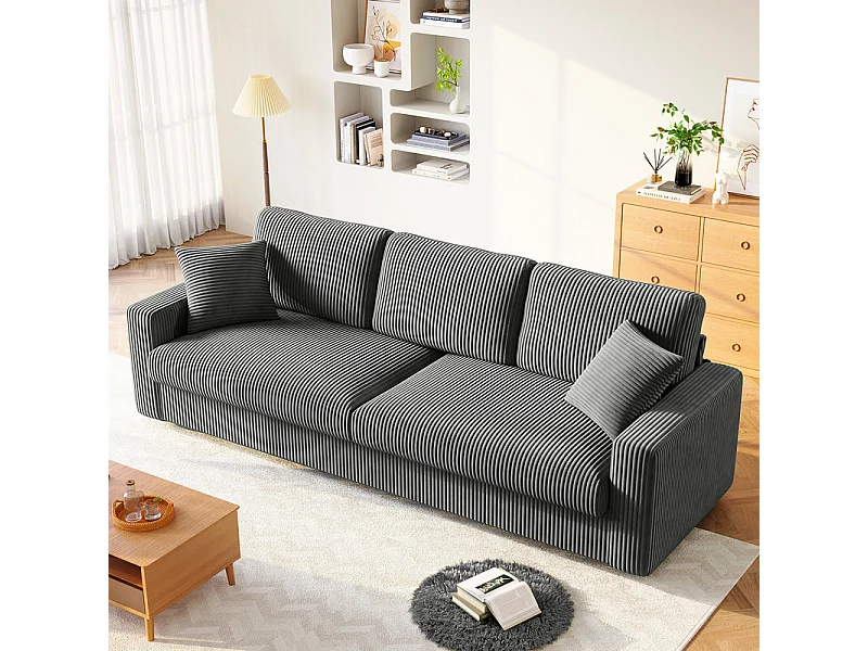 Grand canapé en velours côtelé avec 2 Oreillers - Gris - 256 x 89 x 88cm