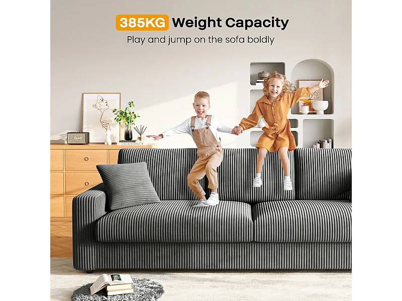 Grand canapé en velours côtelé avec 2 Oreillers - Gris - 256 x 89 x 88cm