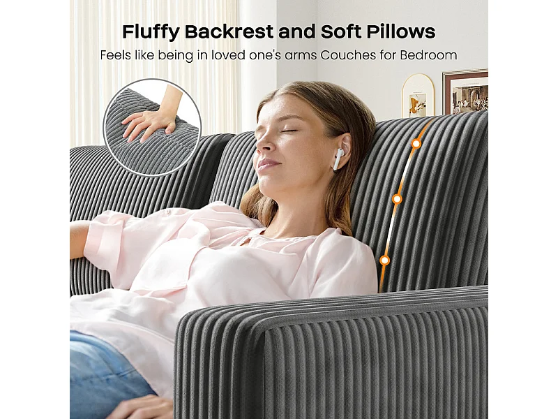 Grand canapé en velours côtelé avec 2 Oreillers - Gris - 256 x 89 x 88cm