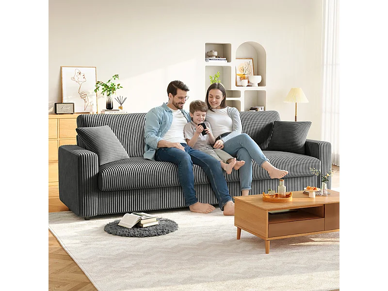 Grand canapé en velours côtelé avec 2 Oreillers - Gris - 256 x 89 x 88cm