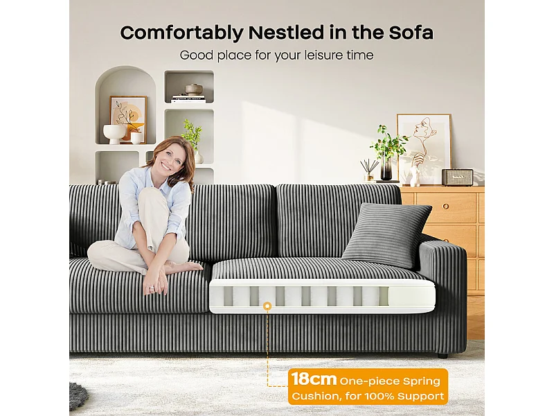 Grand canapé en velours côtelé avec 2 Oreillers - Gris - 256 x 89 x 88cm