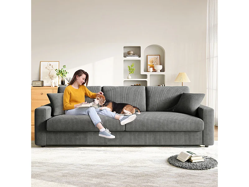 Grote bank in geribbeld fluweel met 2 kussens - Grijs - 256 x 89 x 88 cm