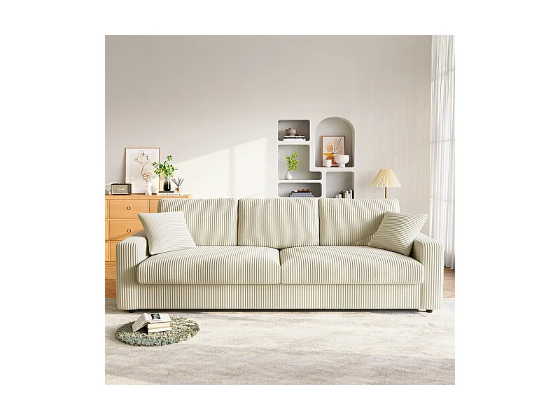 Grand canapé en velours côtelé avec 2 Oreillers - Beige - 256 x 89 x 88cm