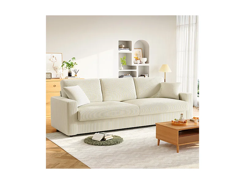 Grand canapé en velours côtelé avec 2 Oreillers - Beige - 256 x 89 x 88cm