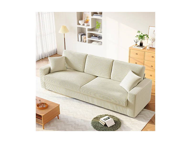 Grand canapé en velours côtelé avec 2 Oreillers - Beige - 256 x 89 x 88cm