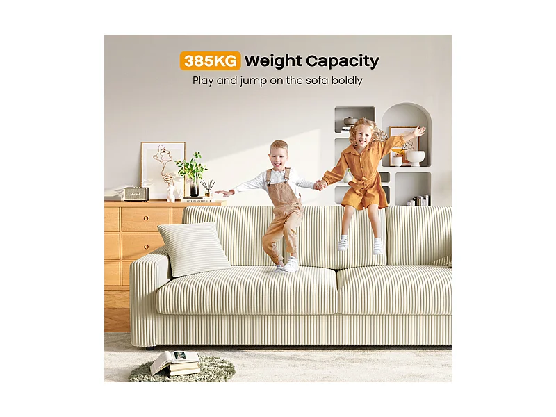 Grand canapé en velours côtelé avec 2 Oreillers - Beige - 256 x 89 x 88cm