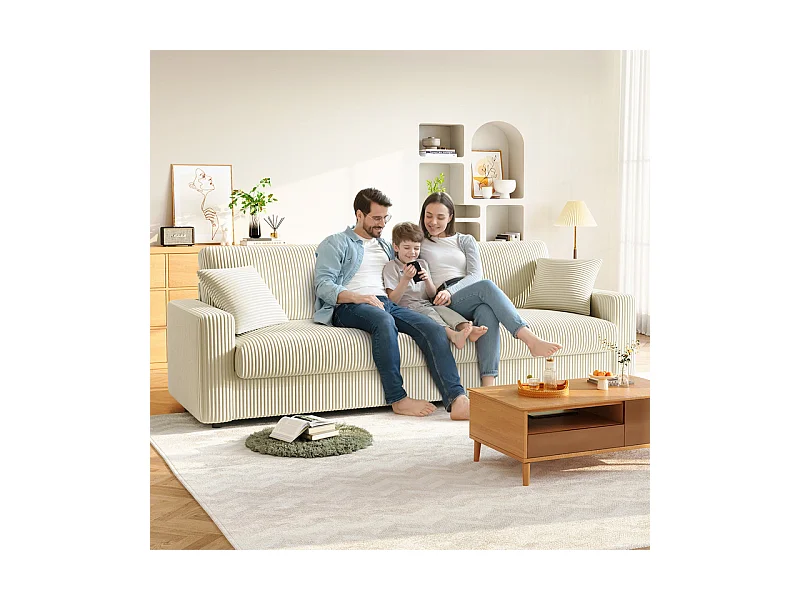 Grand canapé en velours côtelé avec 2 Oreillers - Beige - 256 x 89 x 88cm