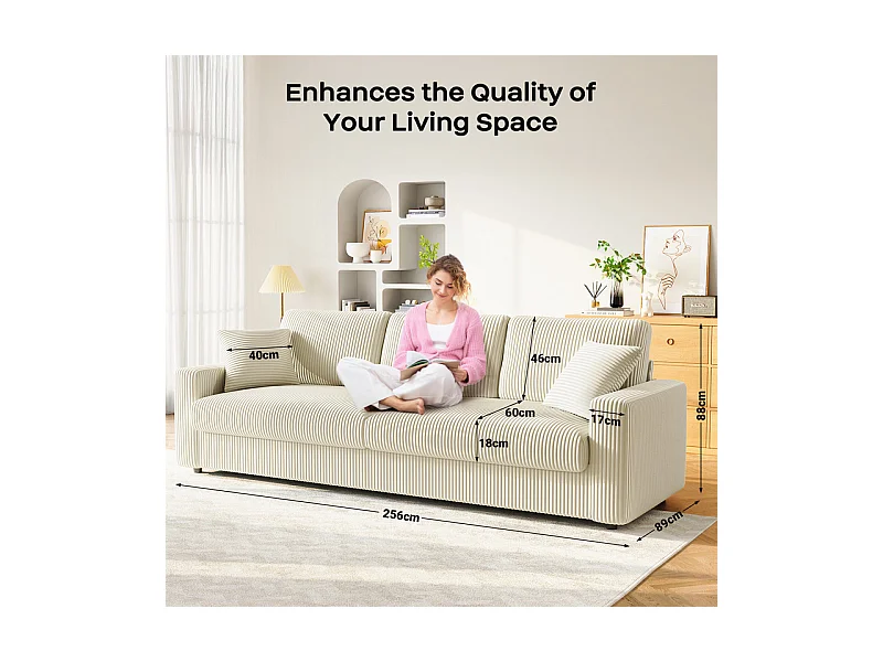 Grand canapé en velours côtelé avec 2 Oreillers - Beige - 256 x 89 x 88cm