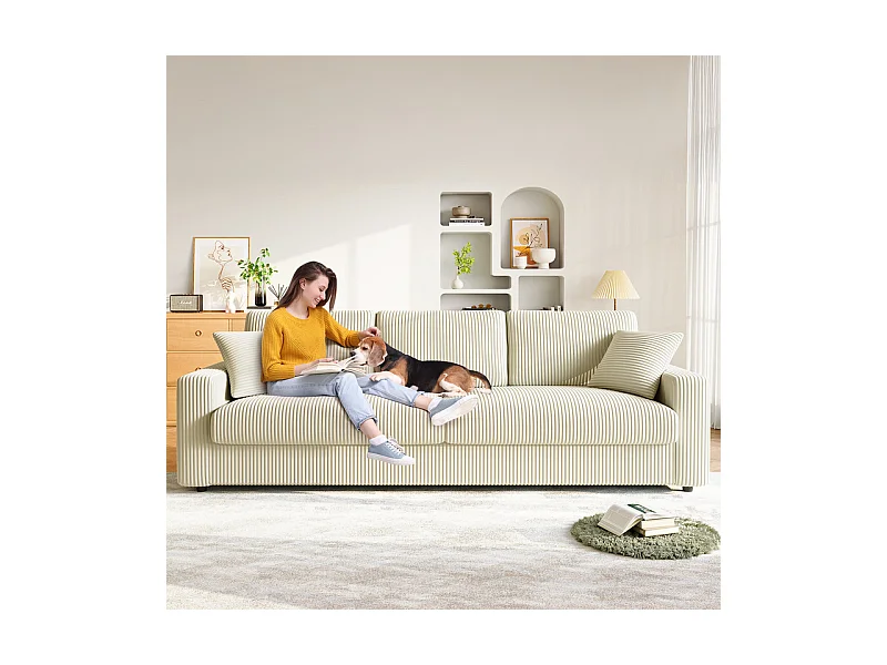 Grand canapé en velours côtelé avec 2 Oreillers - Beige - 256 x 89 x 88cm