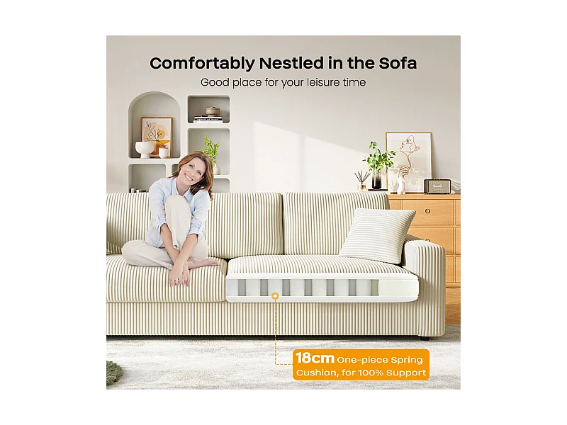 Grand canapé en velours côtelé avec 2 Oreillers - Beige - 256 x 89 x 88cm