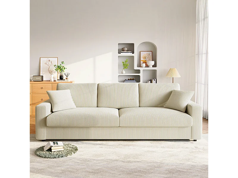 Grand canapé en velours côtelé avec 2 Oreillers - Beige - 256 x 89 x 88cm