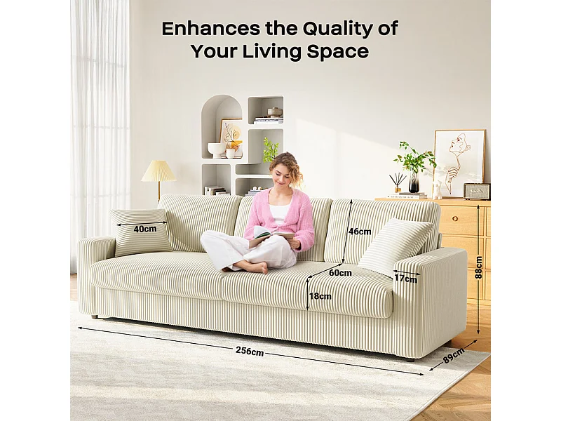 Grand canapé en velours côtelé avec 2 Oreillers - Beige - 256 x 89 x 88cm