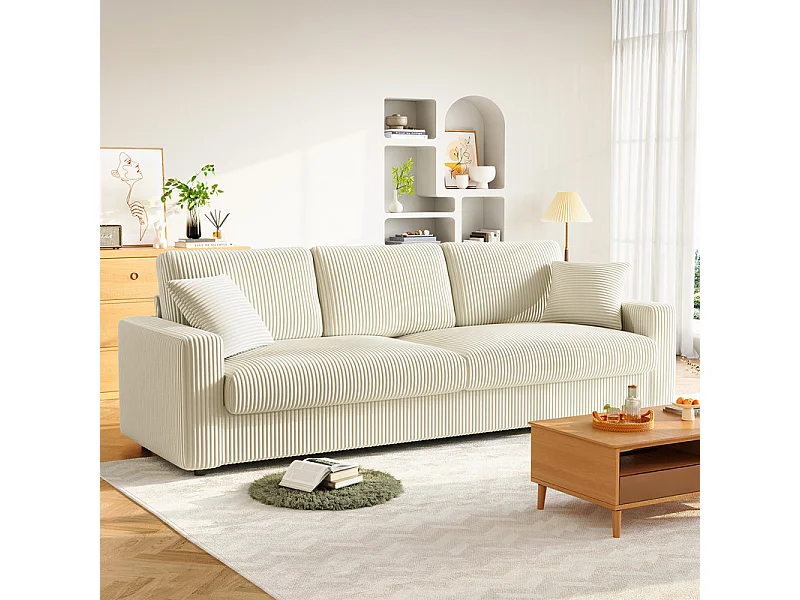 Grand canapé en velours côtelé avec 2 Oreillers - Beige - 256 x 89 x 88cm