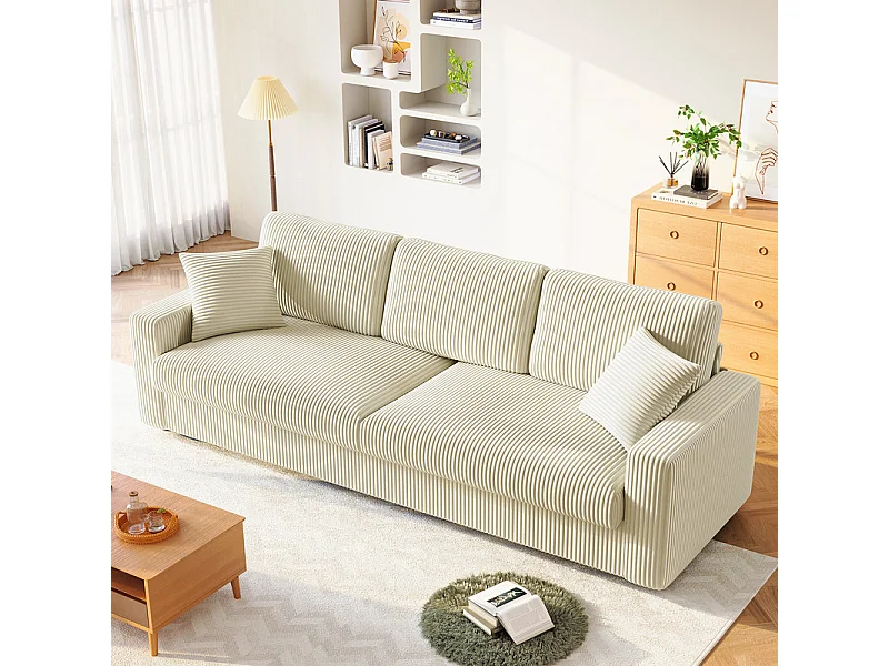 Grand canapé en velours côtelé avec 2 Oreillers - Beige - 256 x 89 x 88cm