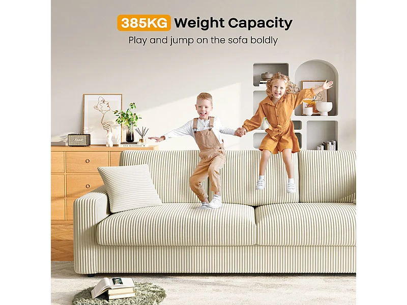 Grand canapé en velours côtelé avec 2 Oreillers - Beige - 256 x 89 x 88cm