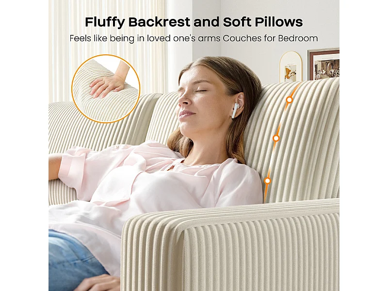 Grand canapé en velours côtelé avec 2 Oreillers - Beige - 256 x 89 x 88cm