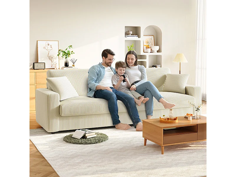 Grand canapé en velours côtelé avec 2 Oreillers - Beige - 256 x 89 x 88cm