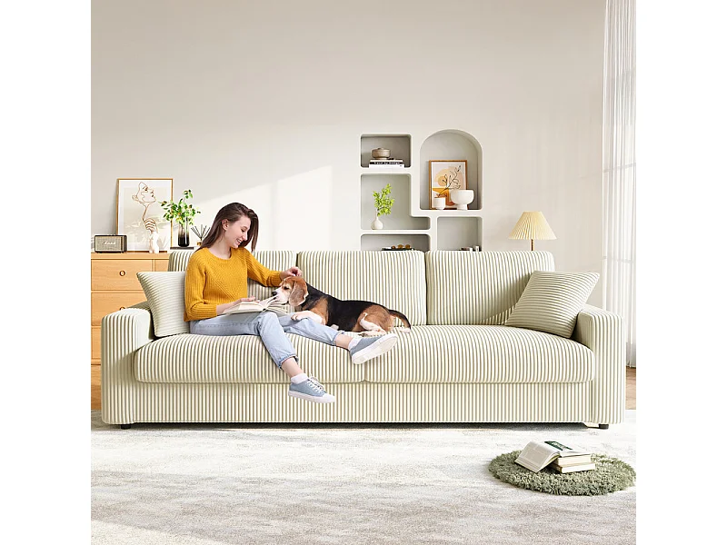 Grand canapé en velours côtelé avec 2 Oreillers - Beige - 256 x 89 x 88cm