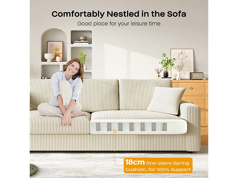 Grand canapé en velours côtelé avec 2 Oreillers - Beige - 256 x 89 x 88cm