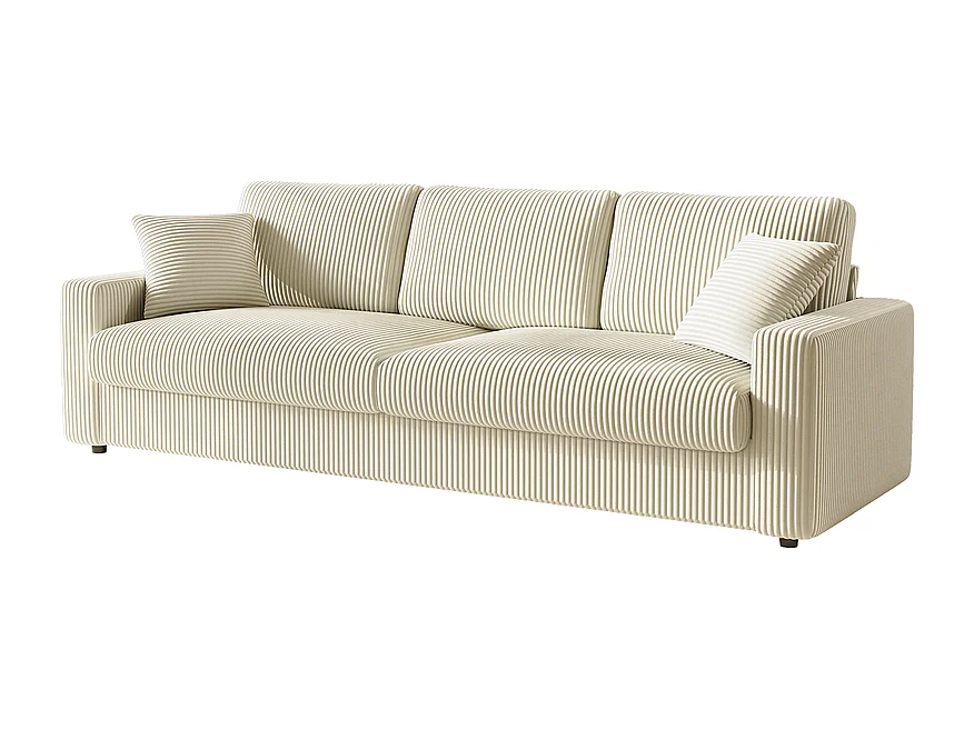 Grand canapé en velours côtelé avec 2 Oreillers - Beige - 256 x 89 x 88cm